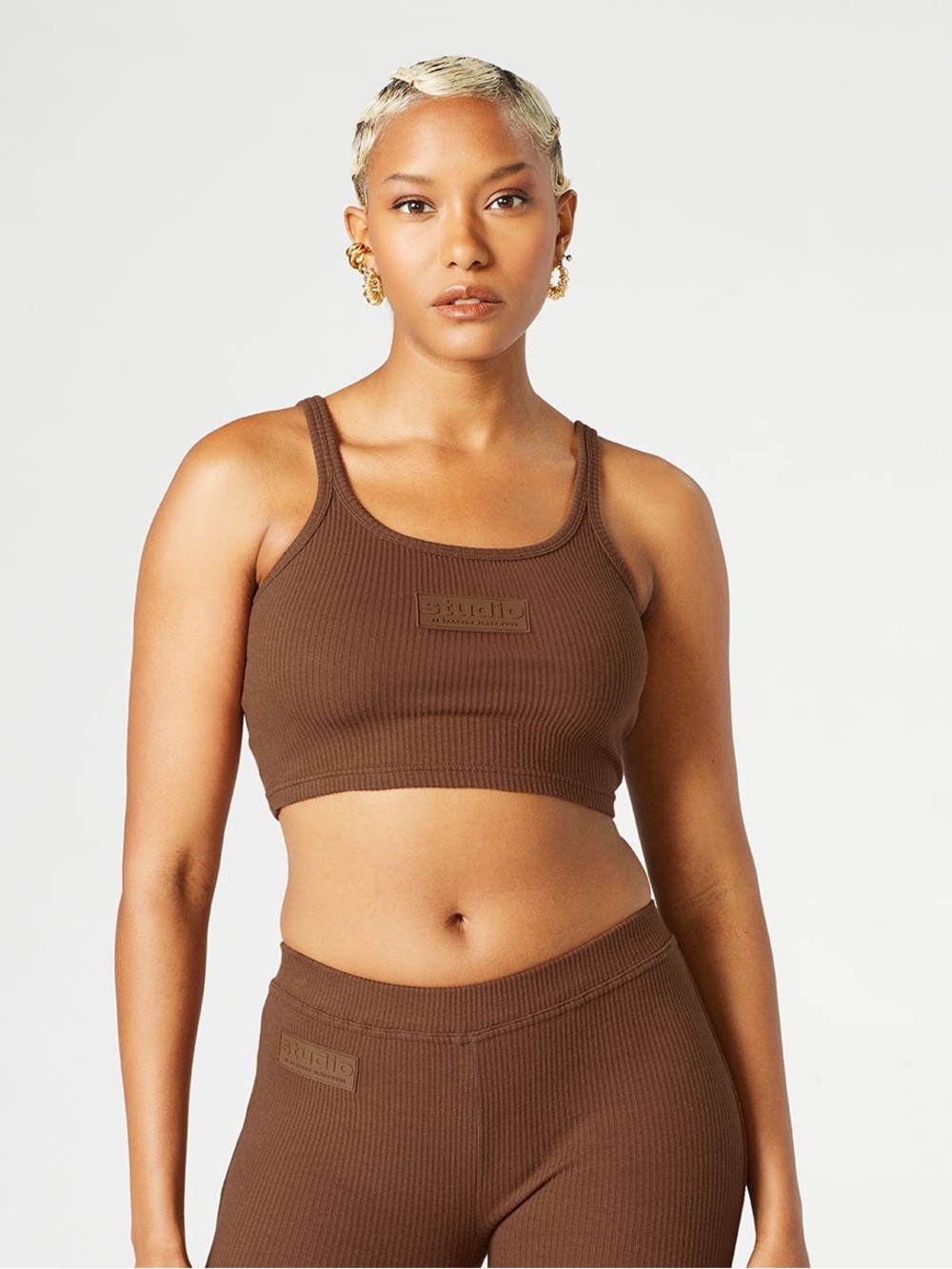 Brandon Blackwood Matching Crop Top & Shorts Set - Mocha Brown - Size M